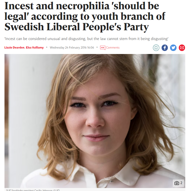 Incest and necrophilia 'should be legal' according to youth branch of Swedish Liberal People's Party
