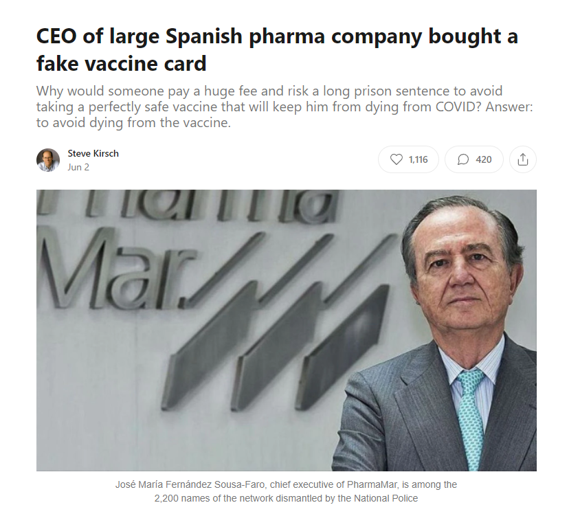 CEO of large Spanish pharma company bought a fake vaccine card